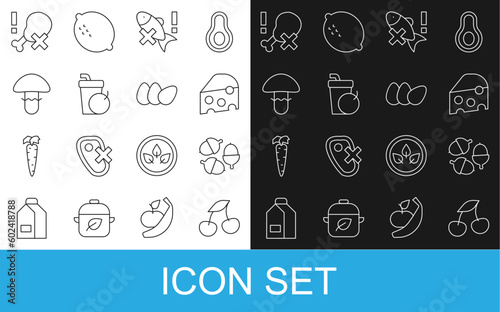 Set line Fresh berries, Acorn, Cheese, No fish, smoothie, Mushroom, chicken leg and Chicken egg icon. Vector