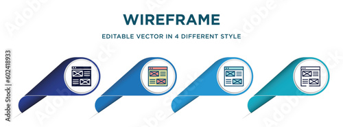 wireframe icon in 4 different styles such as filled, color, glyph, colorful, lineal color. set of   vector for web, mobile, ui