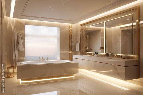 Modern Bathroom with a Bathtub, Sink, and Mirror Generative AI