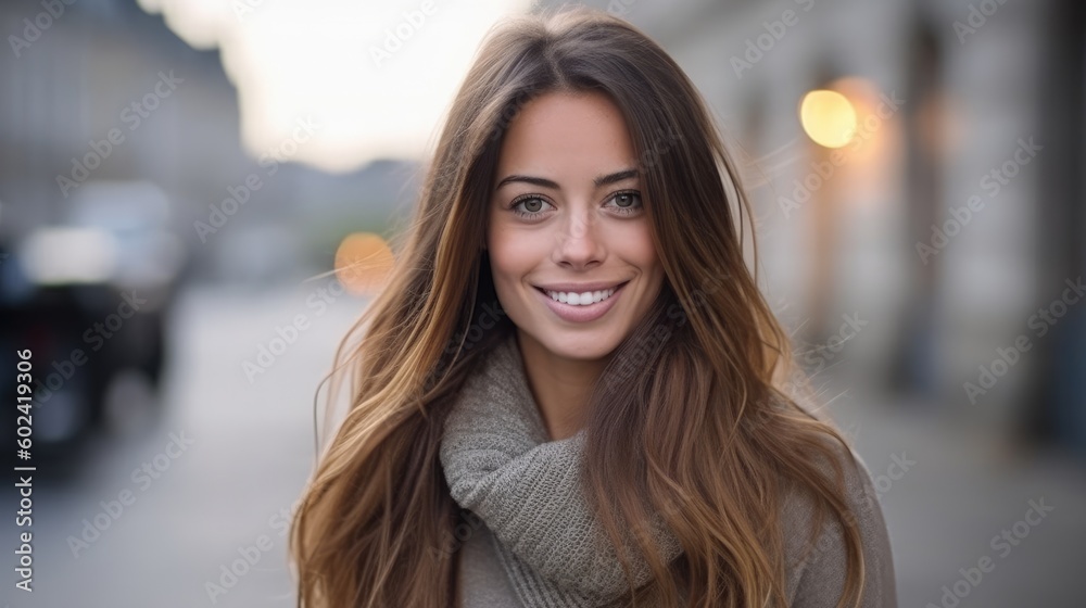 portrait of an attractive brunette woman with long hair, 30 years old, she is happy, looking straight to the camera, generative ai portrait of an attractive brunette woman with long hair, 30 years old, she is happy, looking straight to the camera, generative ai