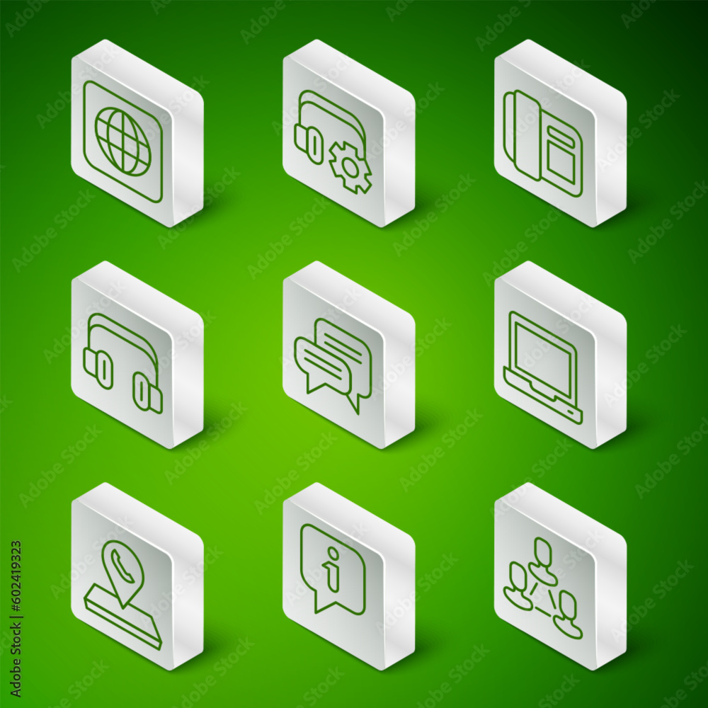 Set line Employee hierarchy, Information, Worldwide, Speech bubble chat, Headphones, Headphoneswith settings, Call center location and Laptop icon. Vector Set line Employee hierarchy, Information, Worldwide, Speech bubble chat, Headphones, Headphoneswith settings, Call center location and Laptop icon. Vector