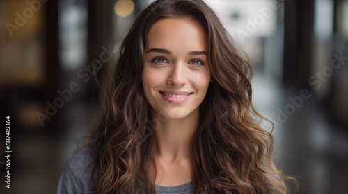 portrait of an attractive brunette woman with long hair, 30 years old, she is happy, looking straight to the camera, generative ai