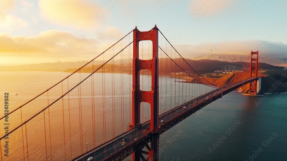 Fototapeta premium Golden Gate, San Franciso, at sunset. Generative AI