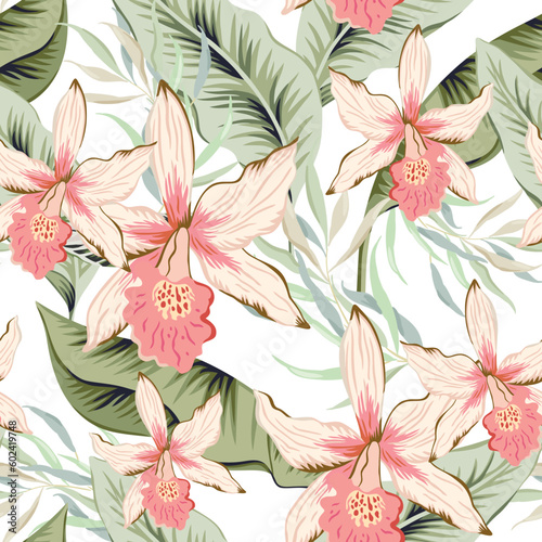 Tropical delicate orchid flowers, green palm leaves, white background. Vector seamless pattern. Jungle foliage illustration. Exotic plants. Summer beach floral design. Paradise nature