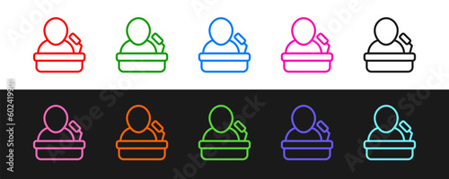 Set line Speaker icon isolated on black and white background. Orator speaking from tribune. Public speech. Person on podium. Vector