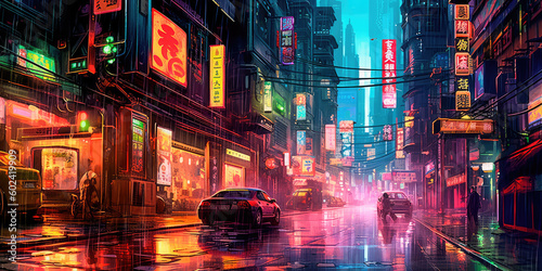 Lovely anime Cyberpunk City Painting  digital painting  night. Generative AI