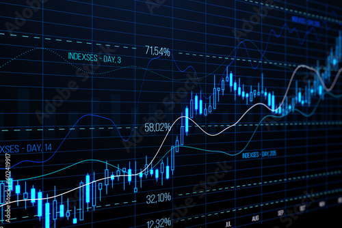 Stock market and investing concept with digital growing financial chart candlestick on dark blue technological background with grid. 3D rendering