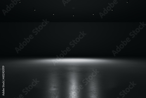 Fototapeta Naklejka Na Ścianę i Meble -  Abstract empty dark stage with spotlight and grey concrete floor and black blank wall. Car or product presentation background, mockup. 3D Rendering