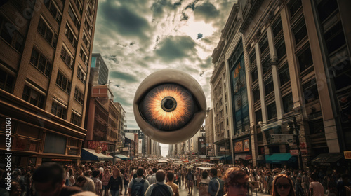 All-Seeing Eye Looming Over a City Street, The Fear of Being Under Constant Surveillance, AI Generative