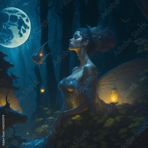 月夜の暗い森の中の美しい女 Generative AI
