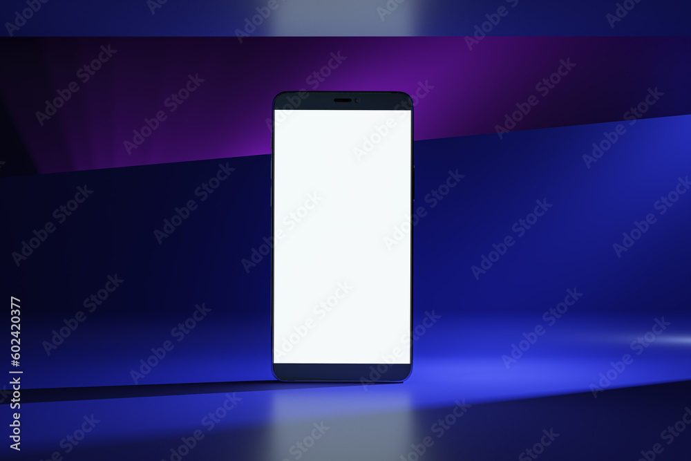 Front view on blank white modern smartphone screen with space for your logo or text on abstract graphic dark blue and purple shades background. 3D rendering, mockup Front view on blank white modern smartphone screen with space for your logo or text on abstract graphic dark blue and purple shades background. 3D rendering, mockup