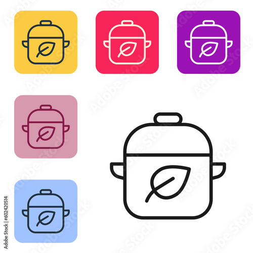 Black line Vegan food diet icon isolated on white background. Organic, bio, eco symbol. Vegan, no meat, lactose free, healthy, fresh and nonviolent food. Set icons in color square buttons. Vector