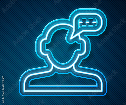 Glowing neon line Online psychological counseling distance icon isolated on blue background. Psychotherapy, psychological help, psychiatrist online consulting. Vector