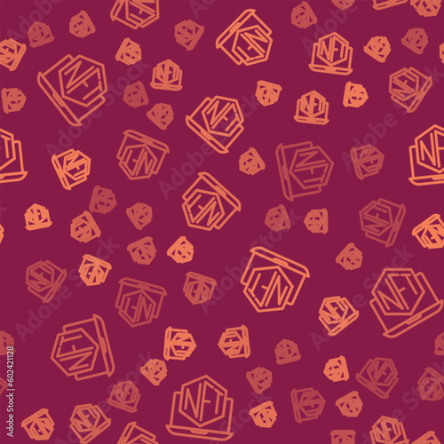 Brown line Laptop with art store app icon isolated seamless pattern on red background. Technology of selling NFT tokens for cryptocurrency. Non fungible token concept. Vector