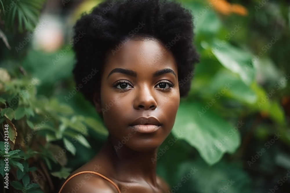 Beauty portrait of young african american woman with posing against green plants background., generative AI tools Beauty portrait of young african american woman with posing against green plants background., generative AI tools