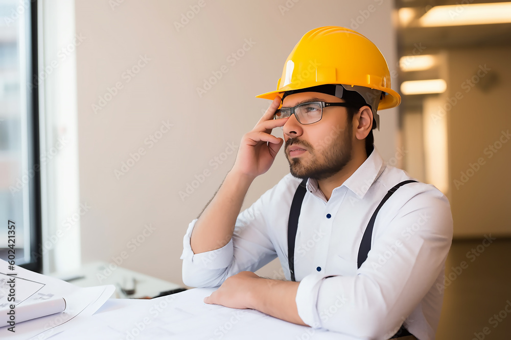 Architect in helmet and safety west with working at office, generative AI tools Architect in helmet and safety west with working at office, generative AI tools