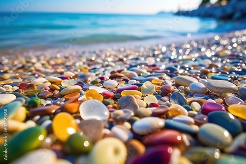 Beautiful, colorful, transparent pebbles on the beach, smooth and reflective, crystal clear, depth of field, beach Generative AI