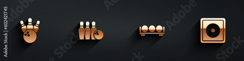 Set Bowling pin and ball, , Billiard balls on stand and chalk icon with long shadow. Vector