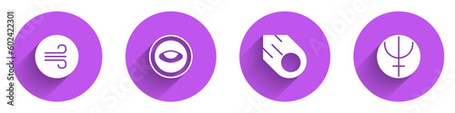 Set Windy weather, Medallion with eye, Comet and Neptune planet icon with long shadow. Vector