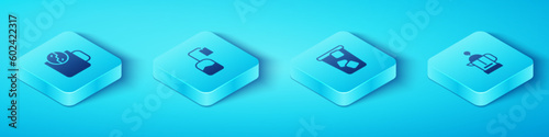 Set Isometric Tea time, bag, French press and Ice tea icon. Vector
