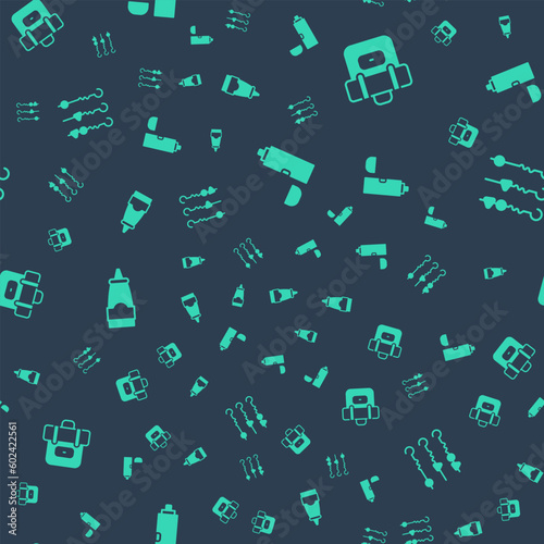 Set Thermos container, Hiking backpack, Sauce bottle and Grilled shish kebab skewer on seamless pattern. Vector