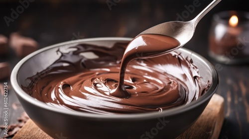 freshly made chocolate cream paste with nuts on a wooden table. Country style.world chocolate day.Generative AI