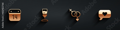 Set Calendar with February 14, Glass of champagne, Gender and Heart in speech bubble icon with long shadow. Vector