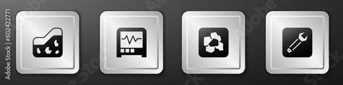 Set Ground, Seismograph, Gold nugget and Wrench spanner icon. Silver square button. Vector