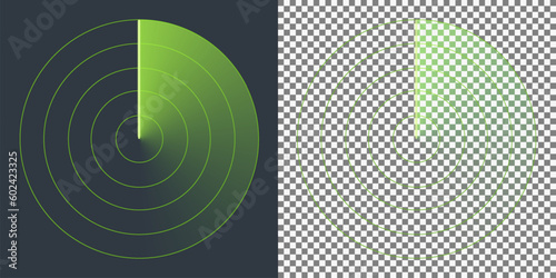 Radar screen with beam, transparent fading trace and concentric circles on plaid background.