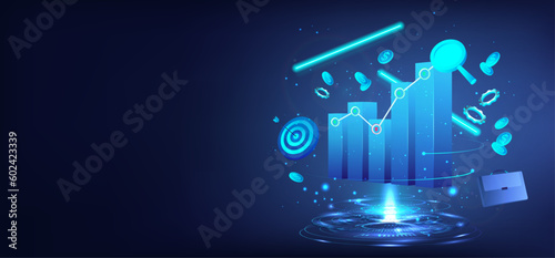 Financial investment. 3D growth graphic with arrow up, investment portfolio, coins, target with an arrow in the center. Concept - business, finance, analytics, profit, stock, trading. Vector 3D