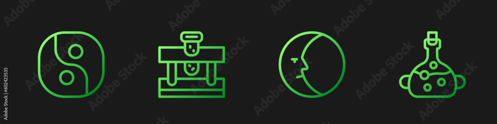Set line Moon, Yin Yang, Bottle with potion and Poison bottle. Gradient color icons. Vector Set line Moon, Yin Yang, Bottle with potion and Poison bottle. Gradient color icons. Vector