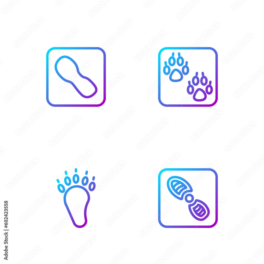 Set line Human footprints shoes, Bear paw, and Paw. Gradient color icons. Vector