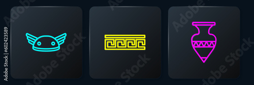 Set line Helmet with wings, Ancient amphorae and Greek pattern. Black square button. Vector
