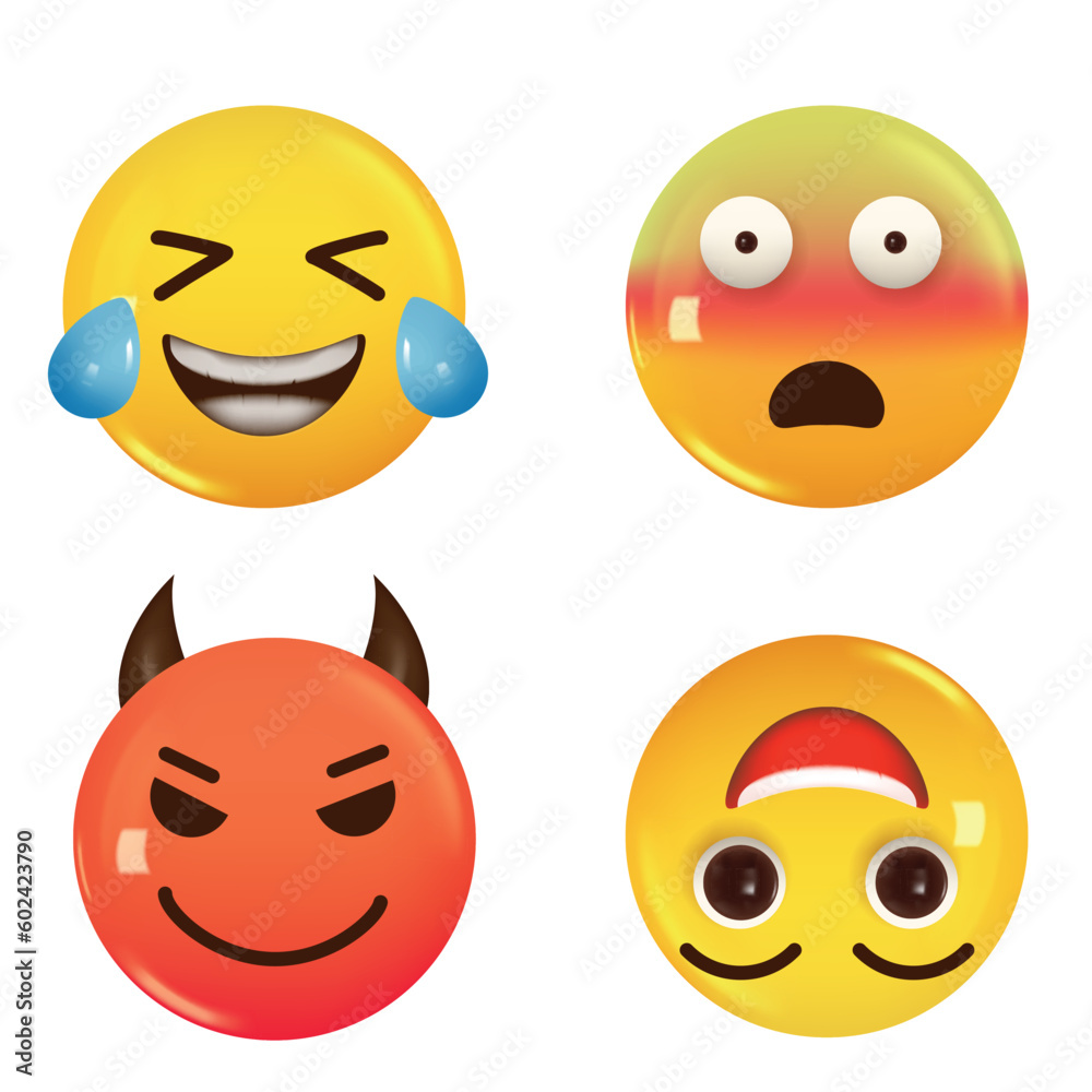 Fototapeta premium Set of 3d icon yellow color smile emoji. Vector