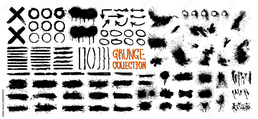 Diverse grunge graphic set, spray graffiti stencil, brushstroke, ink callouts for text paint and ink splashes, grainy, dust, spray effect. Brush strokes, arrows, brackets, circles. Vector grunge set