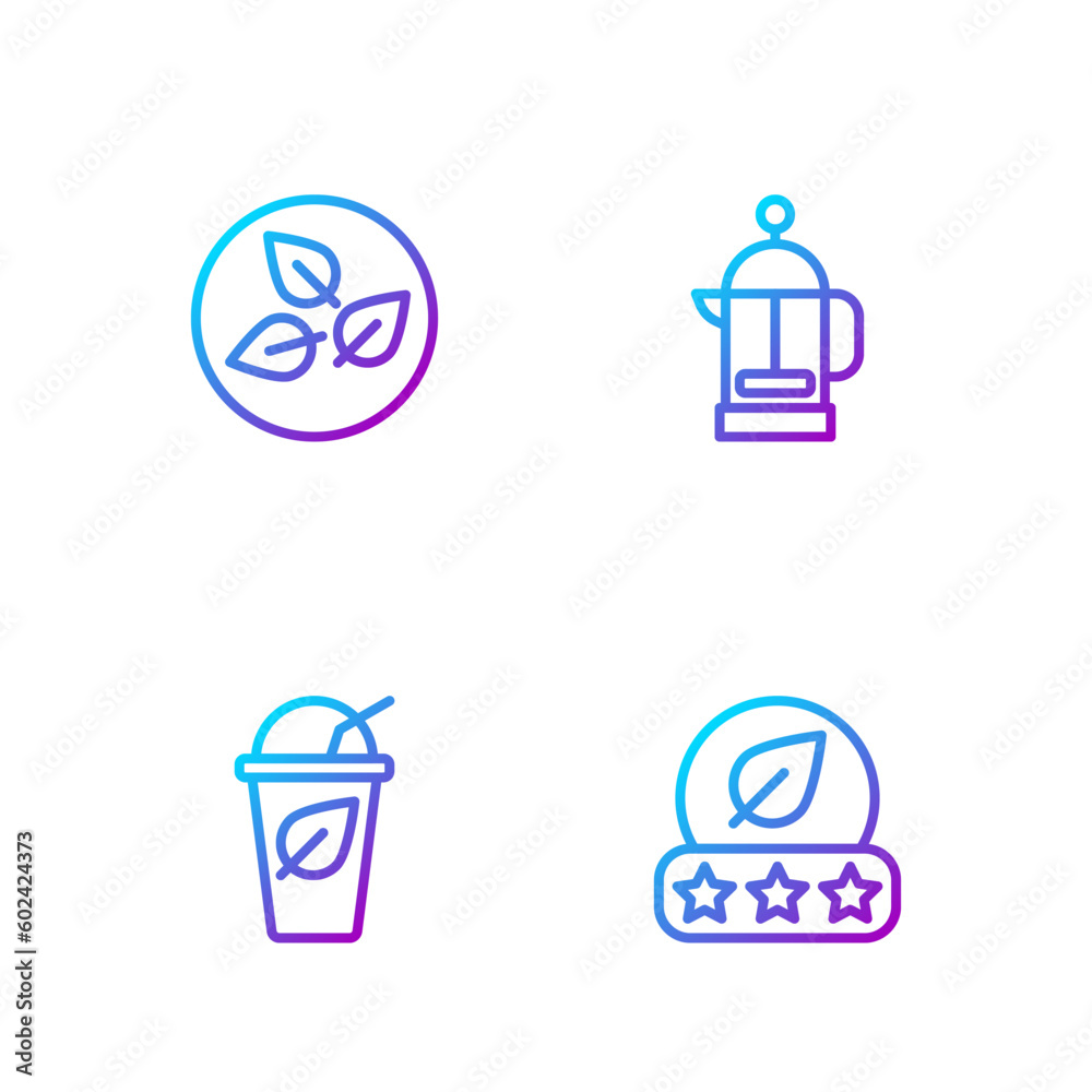 Set line Tea leaf, Cup of tea with, and French press. Gradient color icons. Vector Set line Tea leaf, Cup of tea with, and French press. Gradient color icons. Vector