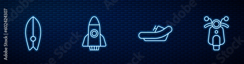 Set line Rafting boat, Surfboard, Rocket ship and Scooter. Glowing neon icon on brick wall. Vector