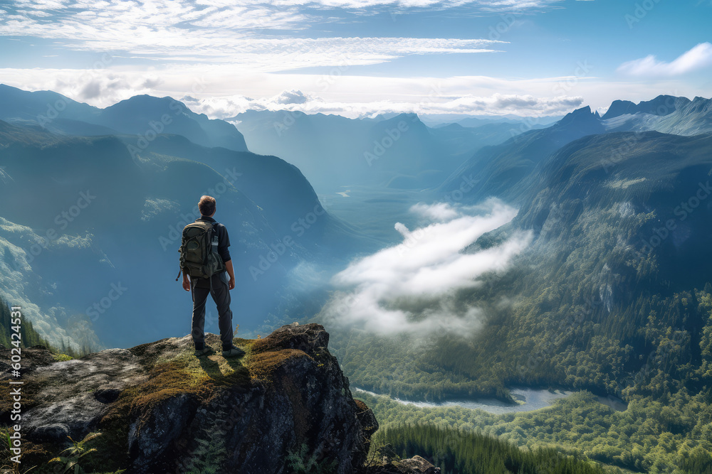 hiker on top of mountain motivational poster photo generative ai