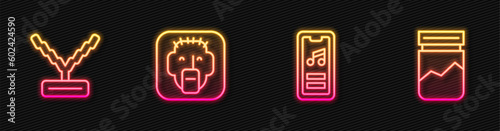 Set line Music player, Rapper chain, and Plastic bag of drug. Glowing neon icon. Vector