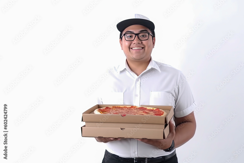 Smiling pizza delivery man, hot pizza delivered. White background with copyspace, Generative AI Smiling pizza delivery man, hot pizza delivered. White background with copyspace, Generative AI