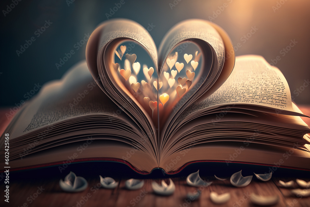 Generative AI image of an open book with pages folded to form the shape of the heart. Generative AI image of an open book with pages folded to form the shape of the heart.