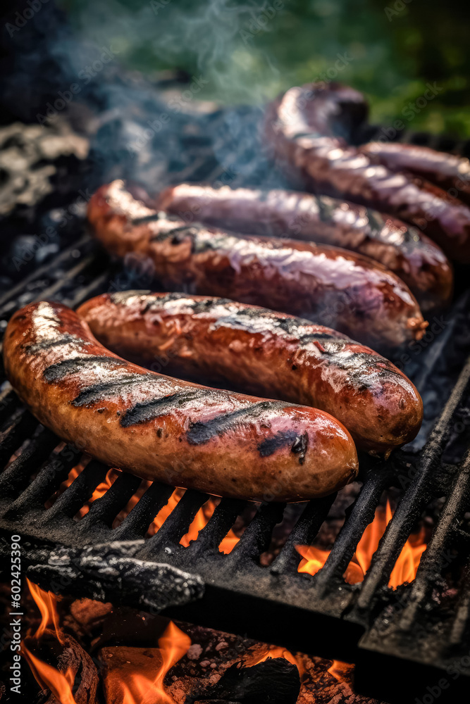 Appetitive grilled sausage on the flaming grill. Delicious crisp sausages. Space for text. Generative AI Appetitive grilled sausage on the flaming grill. Delicious crisp sausages. Space for text. Generative AI
