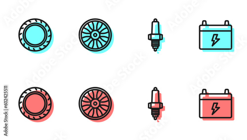 Set line Car spark plug, tire wheel, Alloy for car and battery icon. Vector