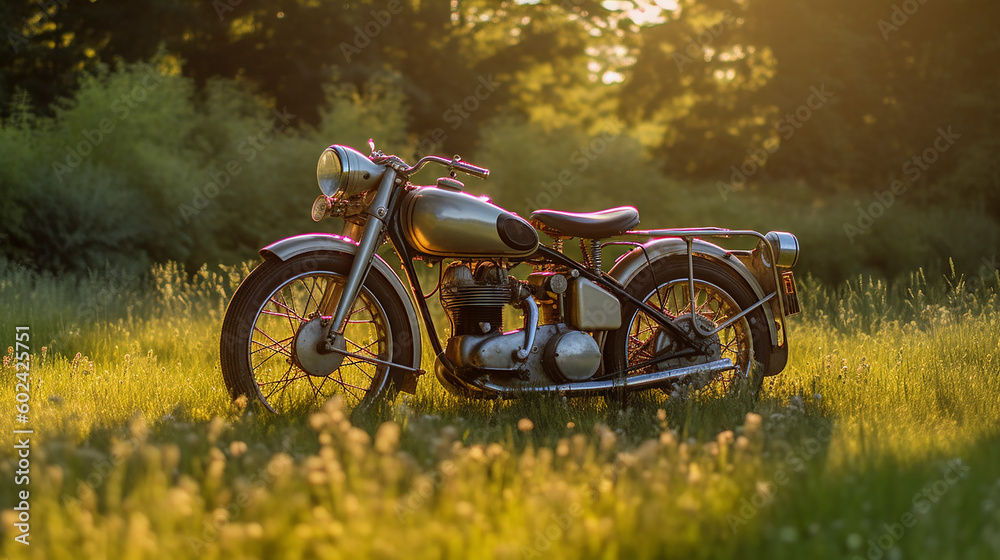 Generative AI image of a fully restored of a vintage motorcycle from the 40's era. Motorcycle is a popular mode of transportation 