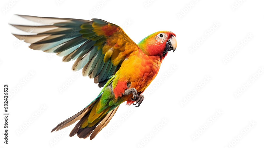 Fototapeta premium Parrot in flight against a transparent background. Generative AI. 