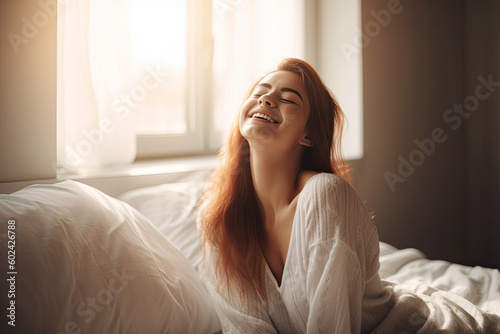 Happy smiling woman stretching on bed in the morning, generative ai