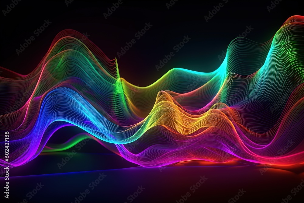 Naklejka premium 3d render, abstract pink blue neon background with wavy line glowing in ultraviolet spectrum, Generative AI 