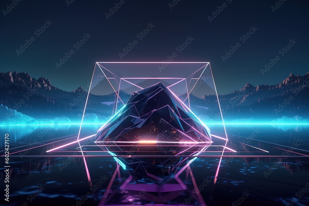 3D, abstract neon background with rhombus geometric shape, square frame and extraterrestrial landscape under the night sky. Rocks and water reflection. Futuristic minimalist Generative AI