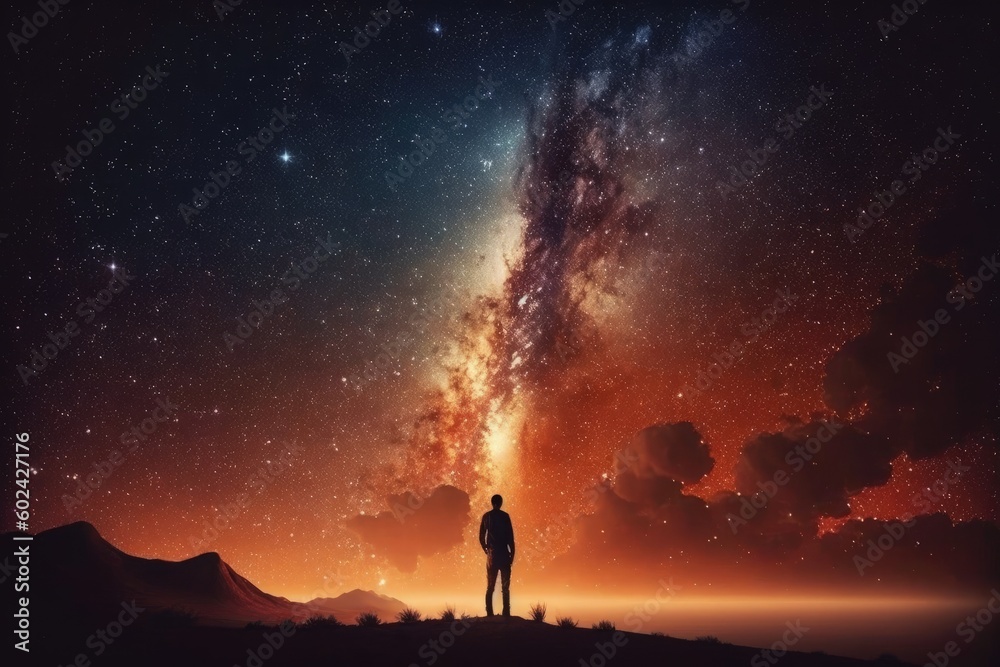 man standing on a hilltop, gazing at the starry night sky Generative AI