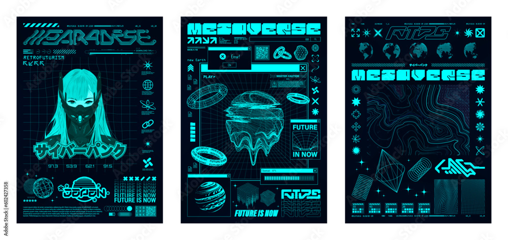Retrofuturistic posters with cyber lettering, grid, geometric shapes